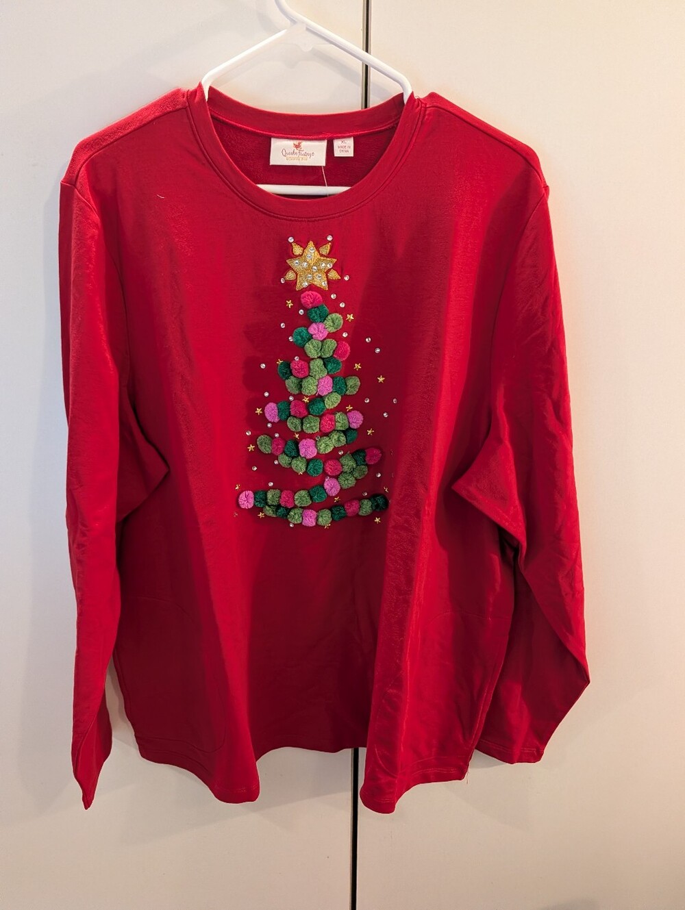 Quacker Factory Red Long-Sleeve Woman's XL Top with Pom-Pom Christmas Tree NWT